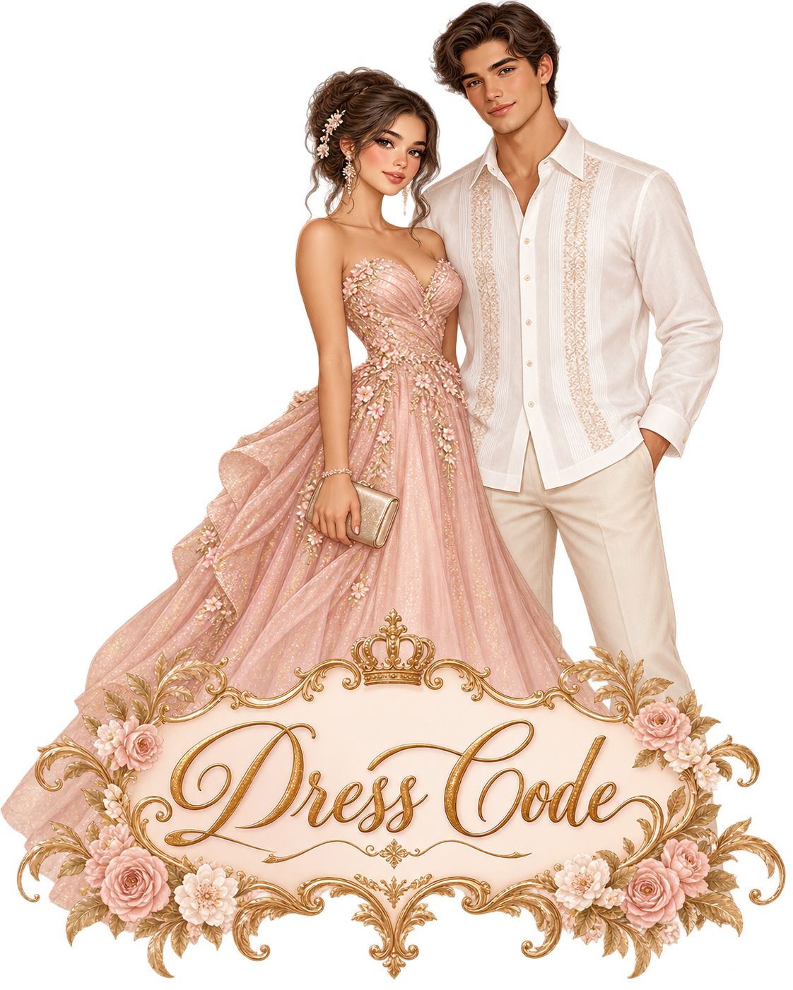 Ilustración de vestimenta: vestido de noche largo y guayabera blanca con pantalón formal
